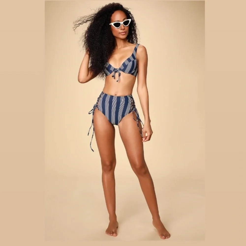 Lulus High Waist Bikini Set M NWT | Striped Blue Lace-Up Swimsuit 2-Piece - Picture 3 of 3